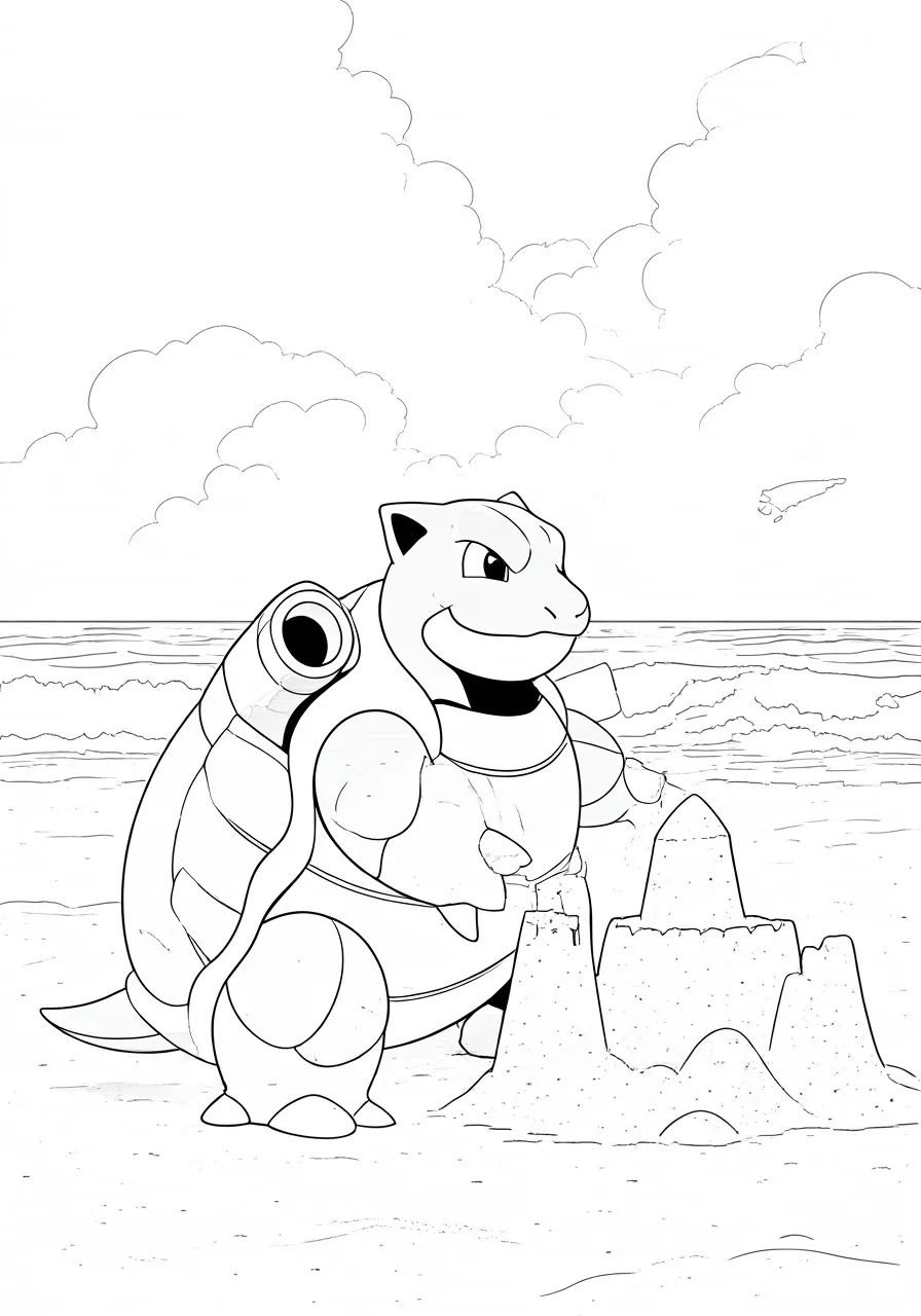 Blastoise building a sandcastle on a beach, blastoise coloring pages - 2573