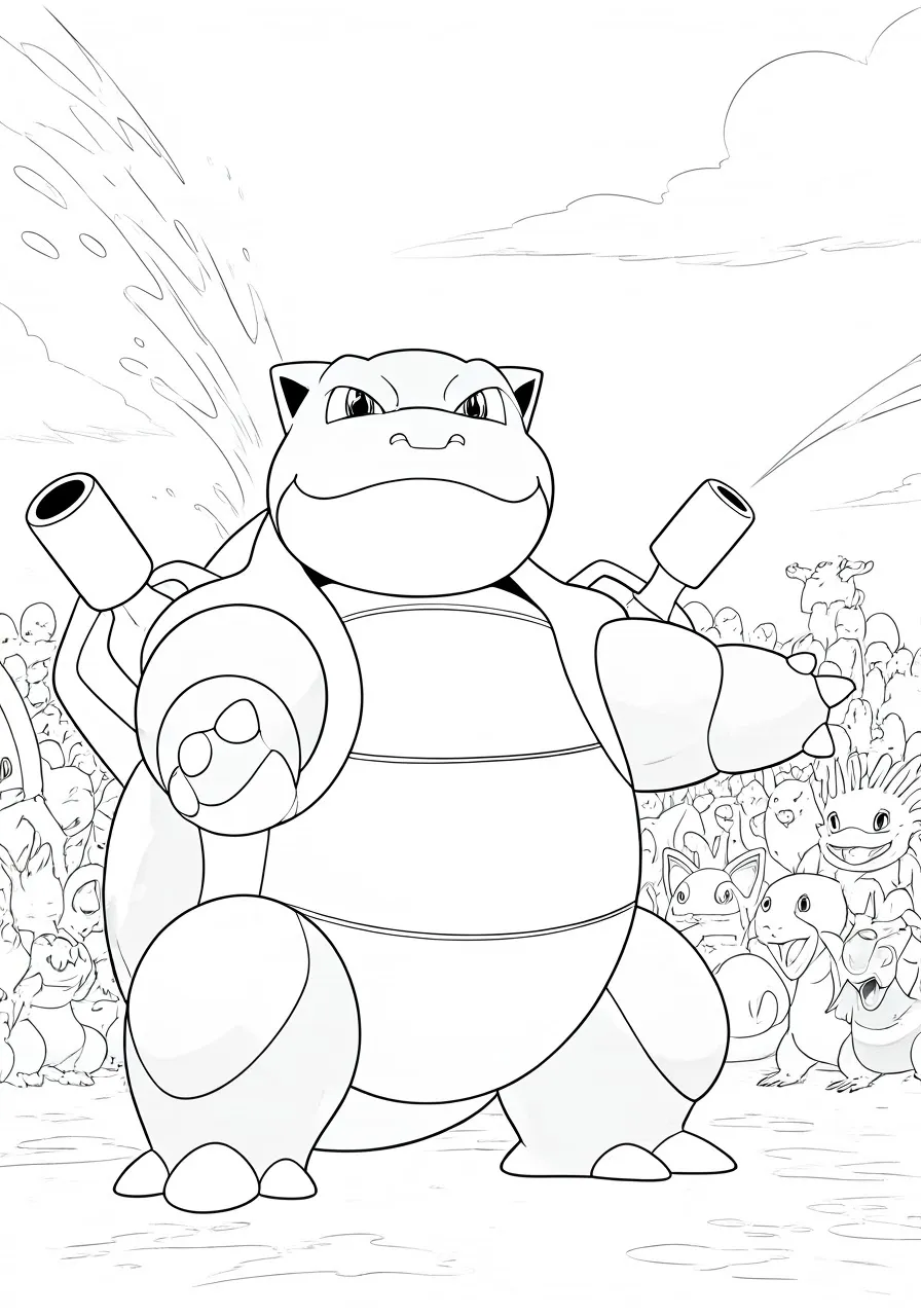 Blastoise firing water cannons with other Pokemon in the background, blastoise coloring pages - 2575