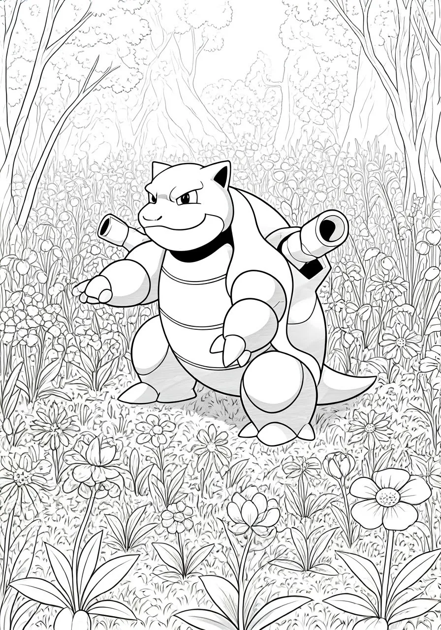 Blastoise standing in a field of flowers, blastoise coloring pages - 2594