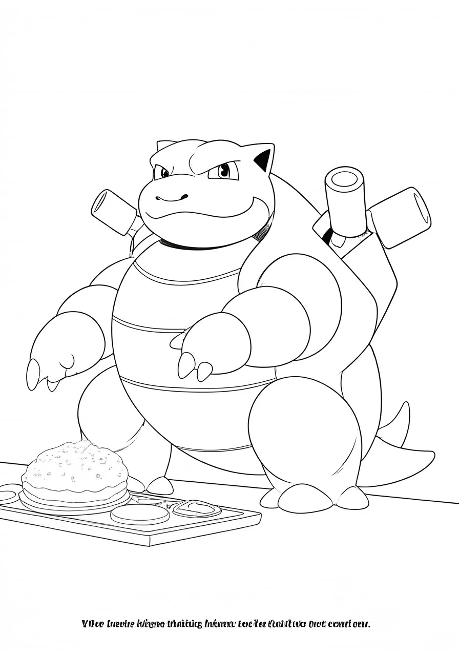 A Blastoise Pokemon with water cannons on its back looking at a burger on a tray, blastoise coloring pages - 2599