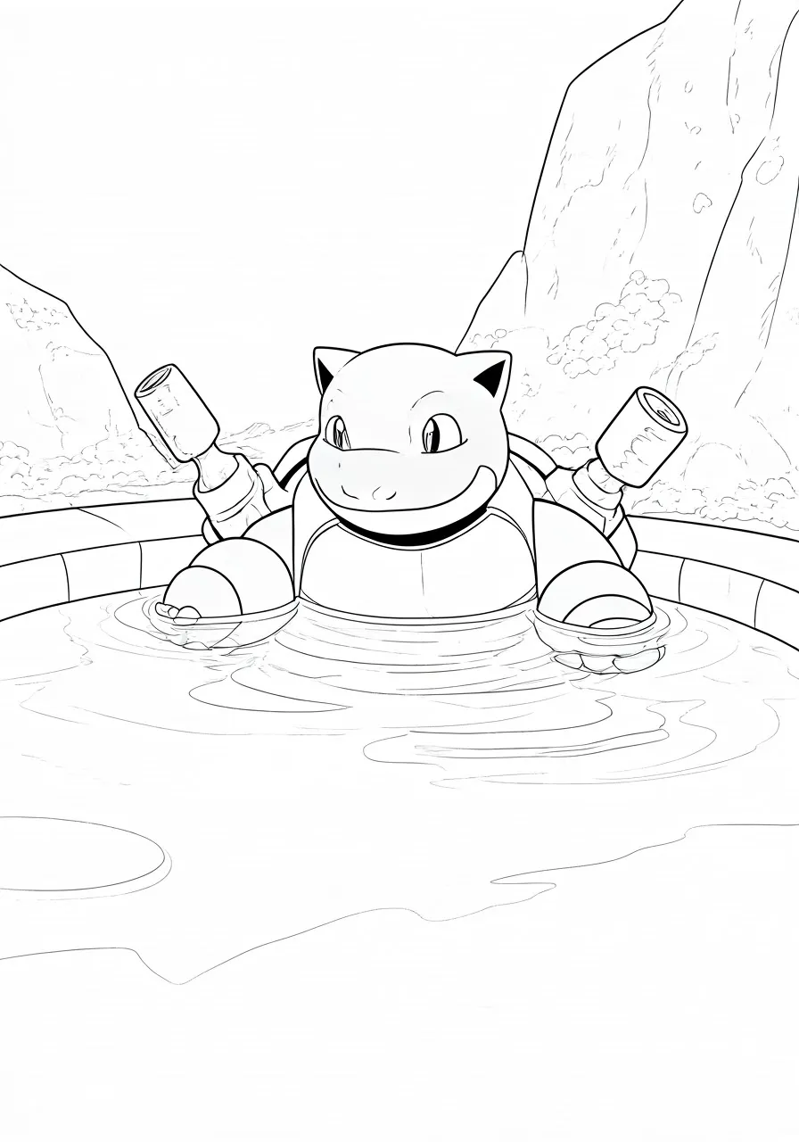 Blastoise relaxing in a pool between rocks, blastoise coloring pages - 2601