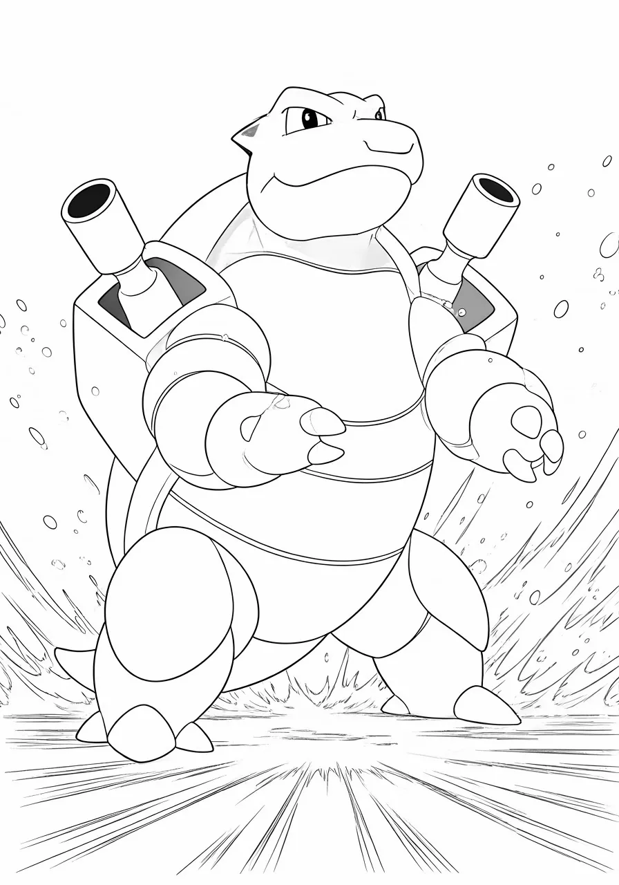 A Blastoise Pokemon stands firmly, water splashing around it, blastoise coloring pages - 2609