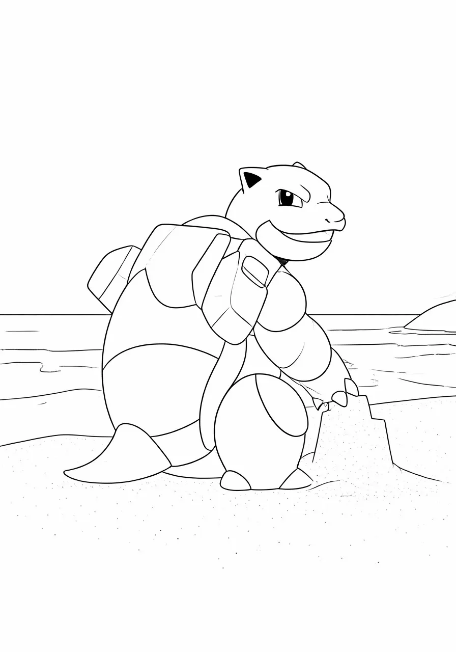 Blastoise building a sandcastle on a beach, blastoise coloring pages - 2613