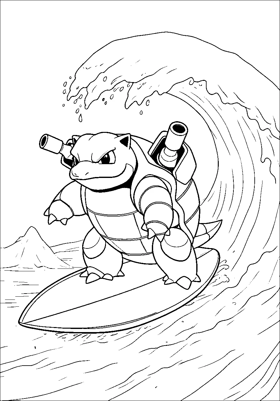 Blastoise surfing a wave, blastoise coloring pages - 2637