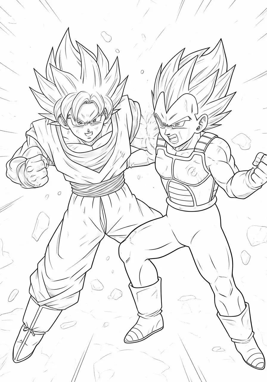 Goku and Vegeta facing off, fists clenched in battle, dragon coloring pages - 2653