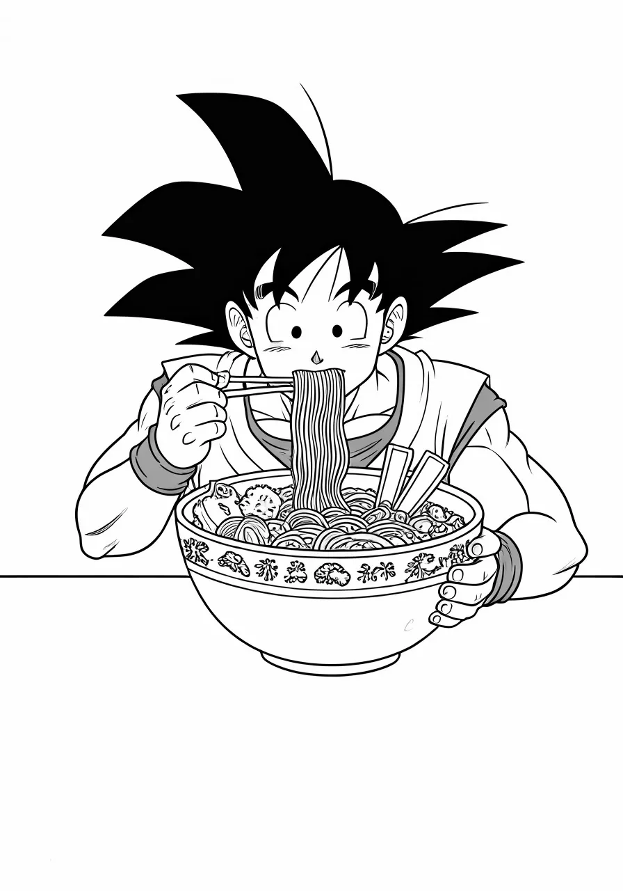 Goku eating ramen with chopsticks, dragon coloring pages - 2656