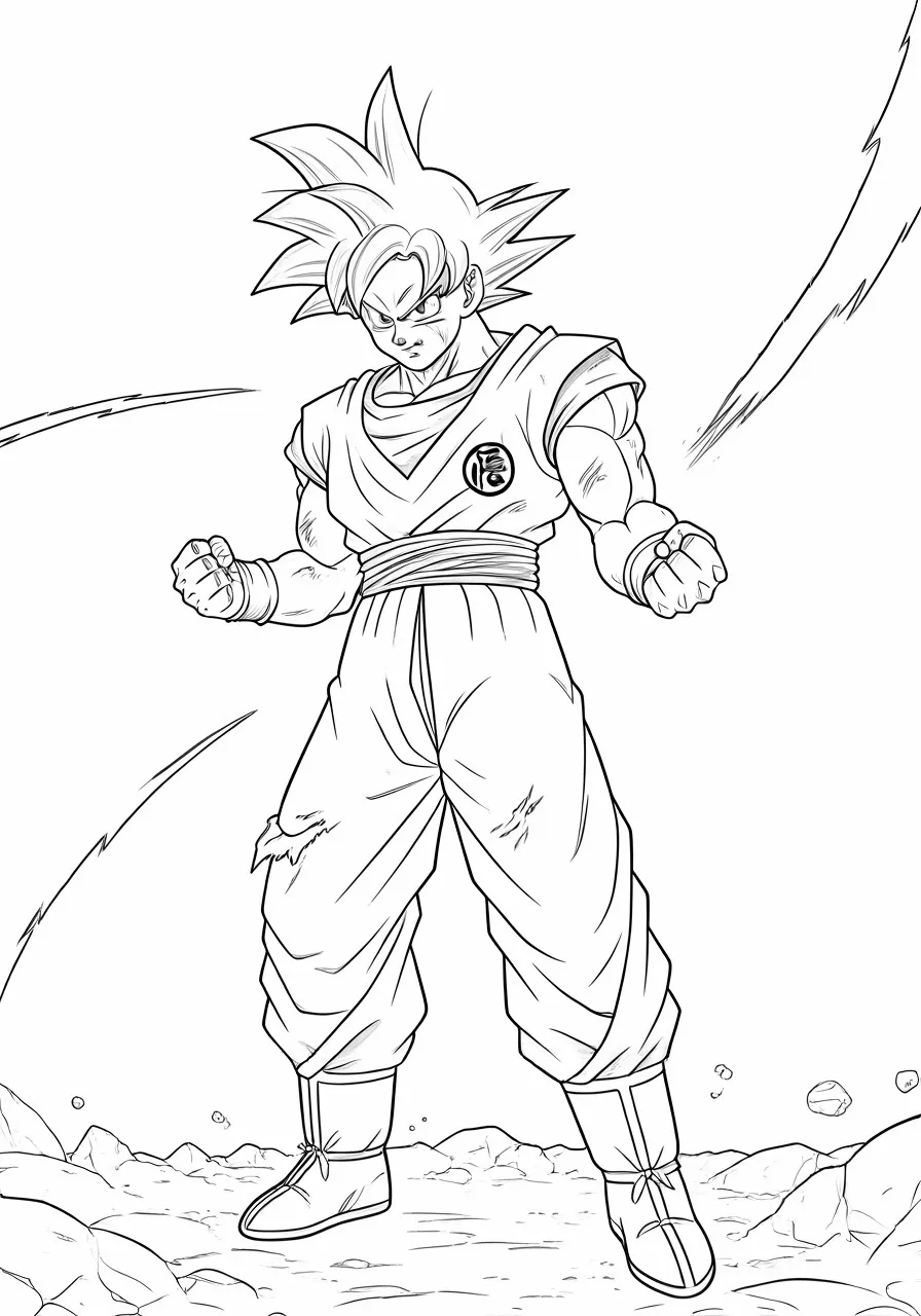 Goku standing firm, fists clenched, in a rocky terrain, dragon coloring pages - 2658