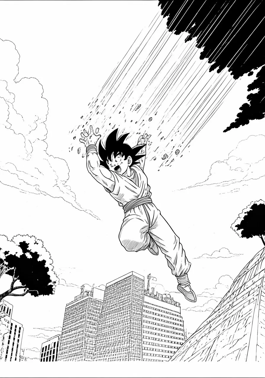 Goku jumping over a city with a determined expression, dragon coloring pages - 2660