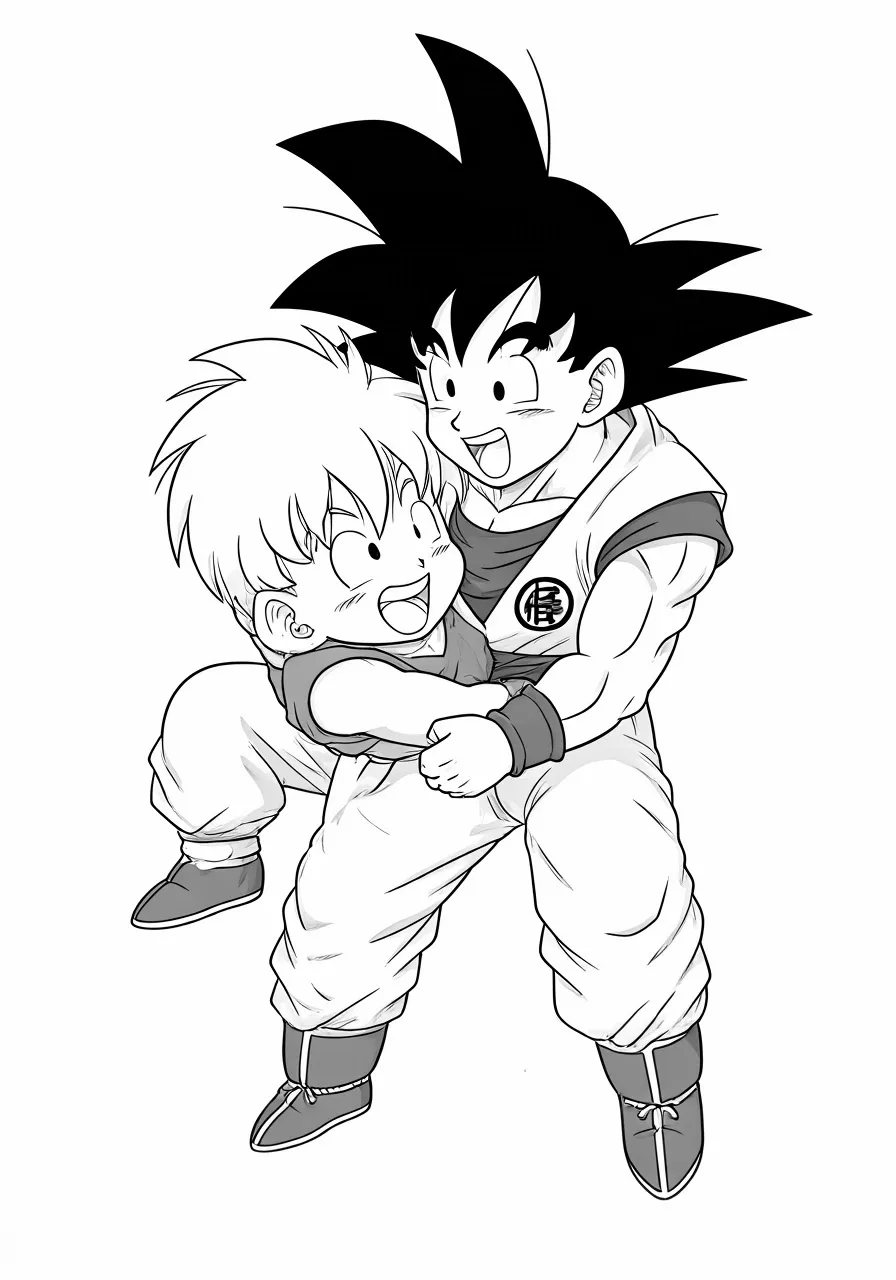 Goku holding a young boy with a cheerful expression, dragon coloring pages - 2661