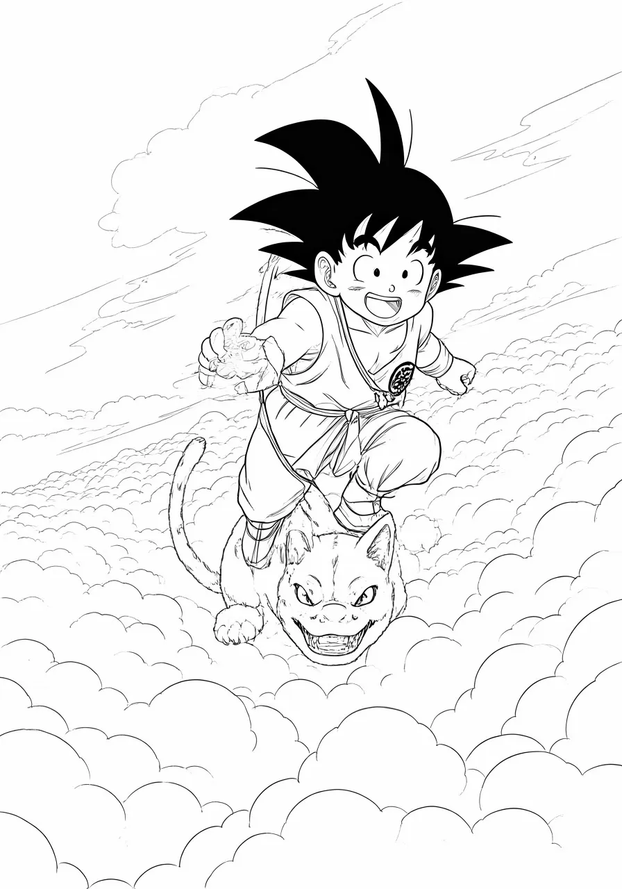 Goku riding a Flying Nimbus through the clouds, dragon coloring pages - 2694