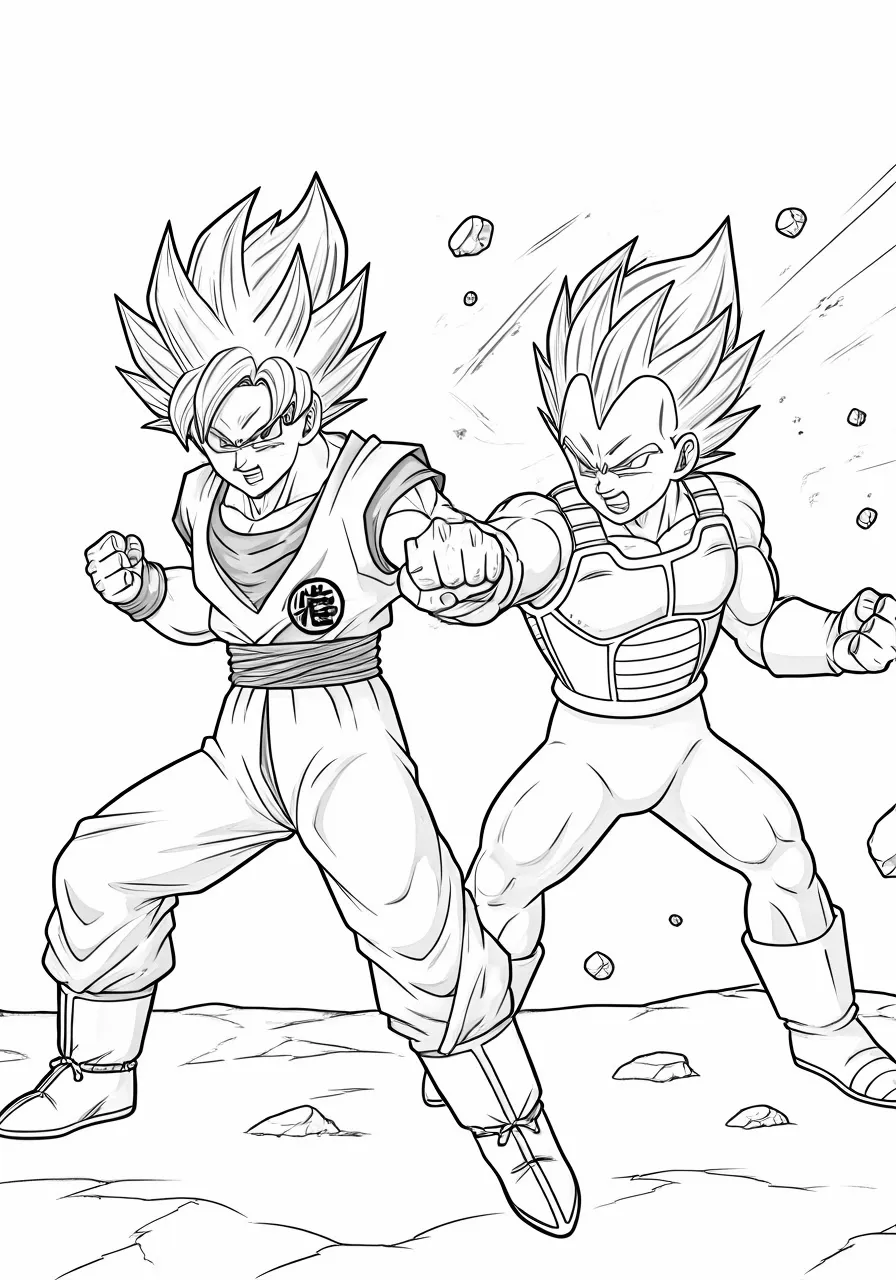 Goku and Vegeta facing off in a rocky terrain, dragon coloring pages - 2695