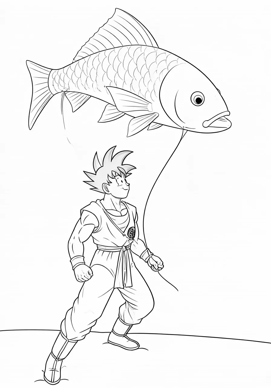 Goku holding a fish-shaped balloon, dragon coloring pages - 2699