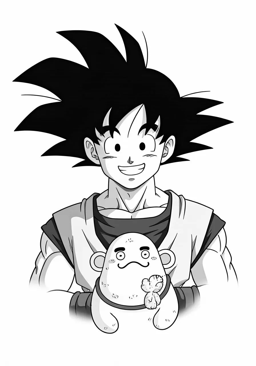 Goku holding a Potatoman plush toy, dragon coloring pages - 2700