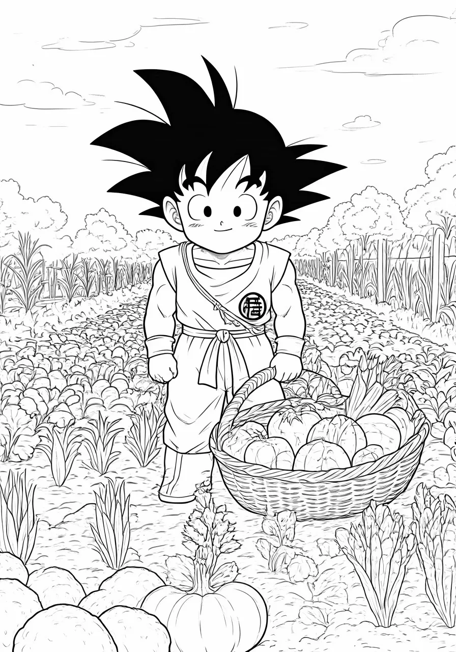 Goku carrying a basket of harvested pumpkins, dragon coloring pages - 2701