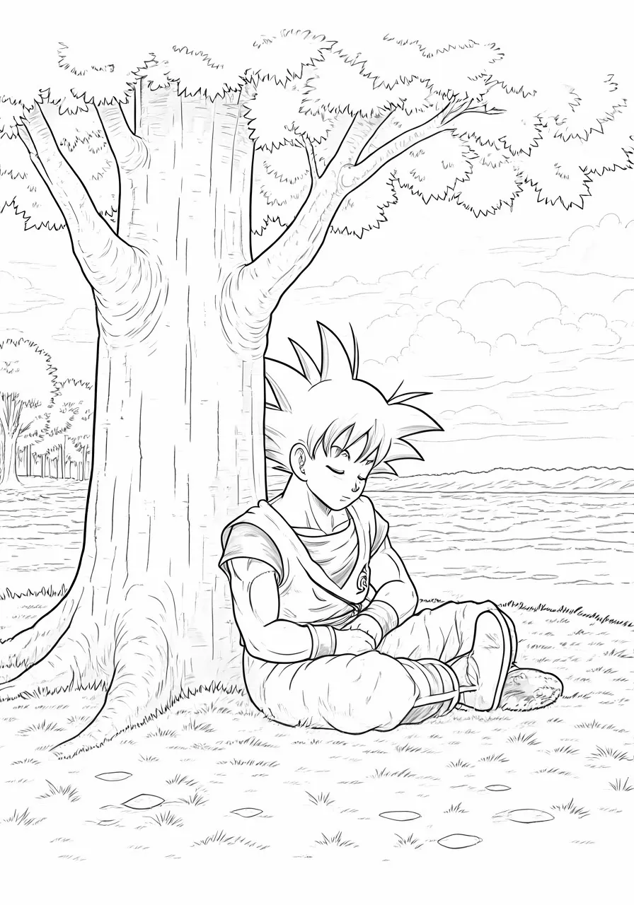 Goku meditating under a tree by the lake, dragon coloring pages - 2702