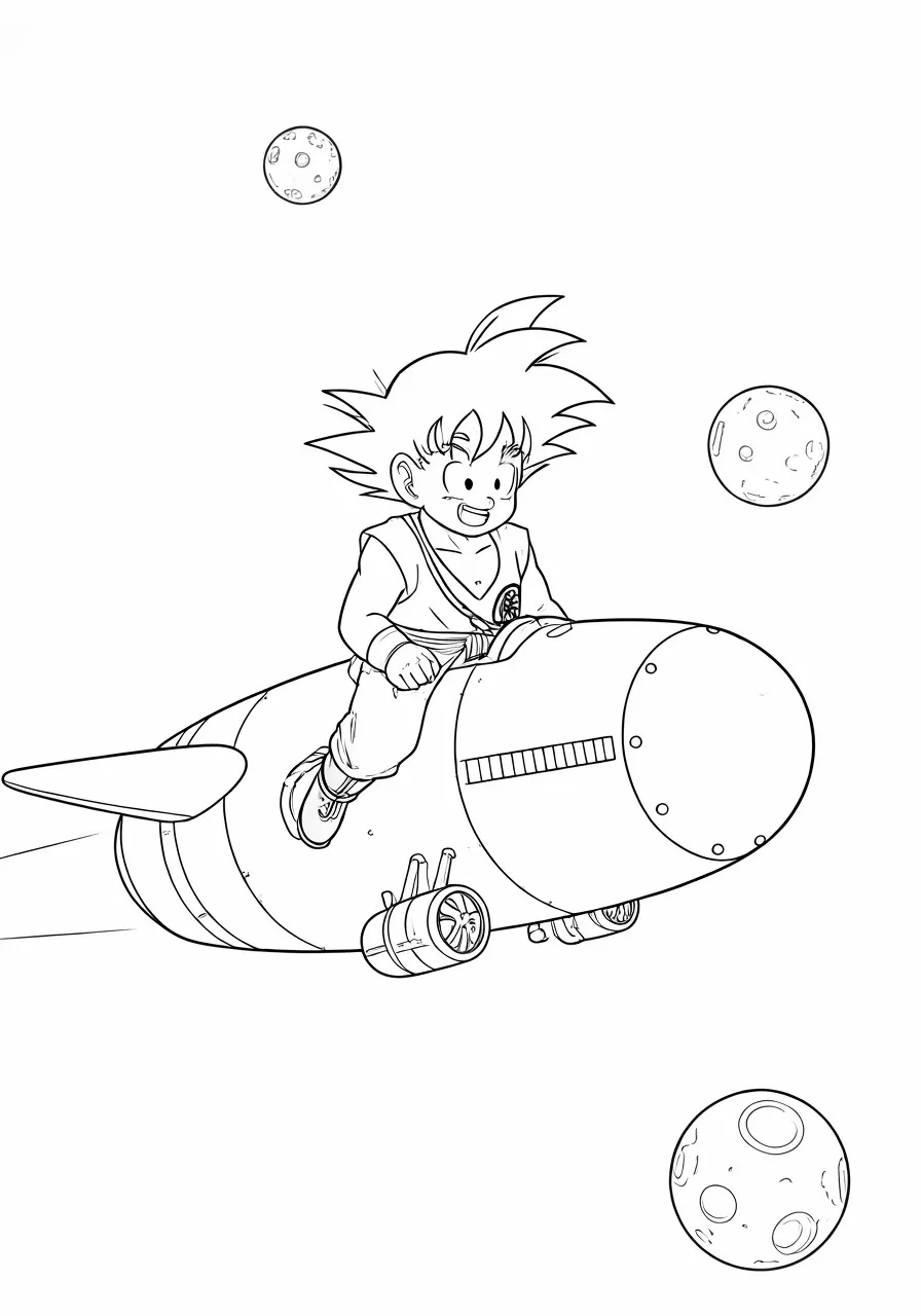 Goku flies on a missile through space past planets, dragon coloring pages - 2704