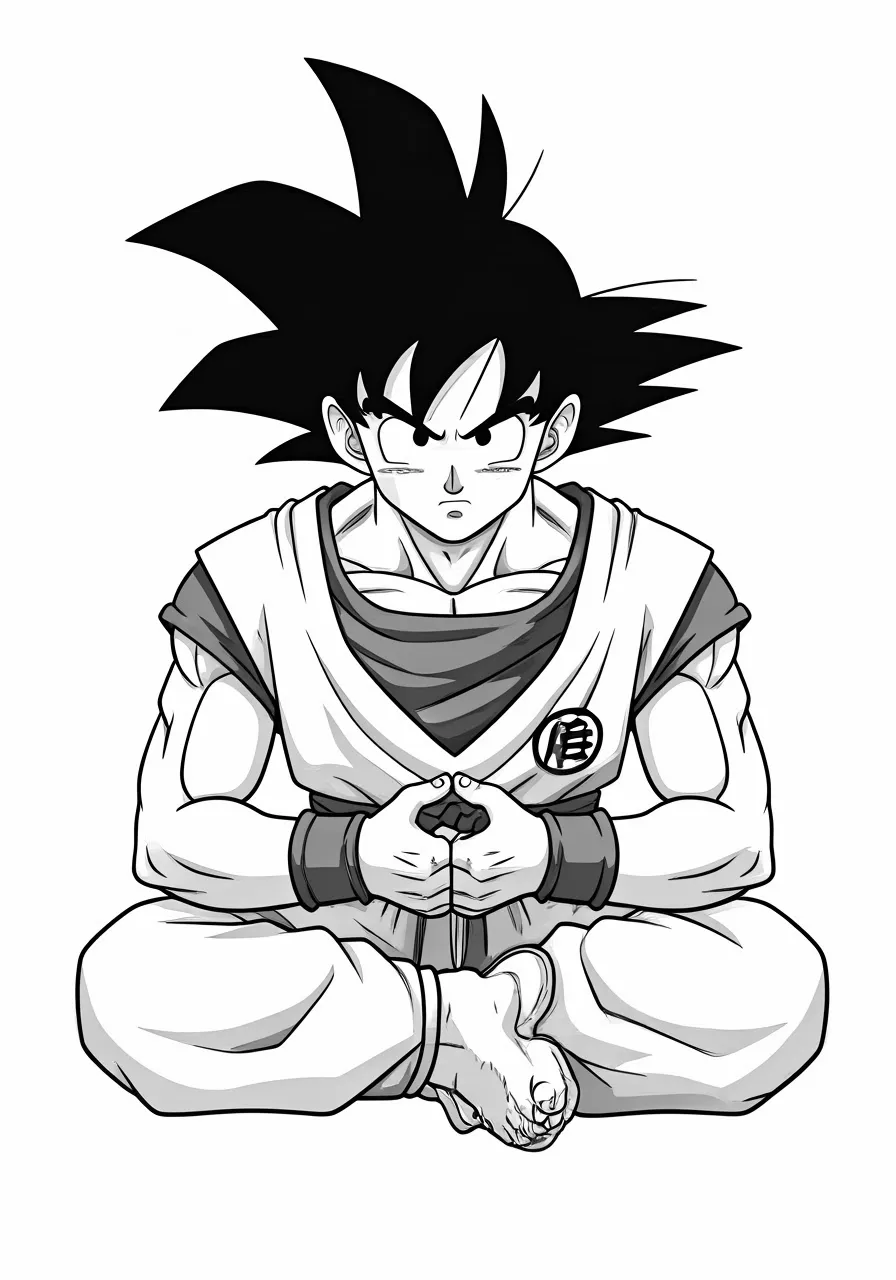 Goku meditating in a crossed-leg position with a serious expression, dragon coloring pages - 2706