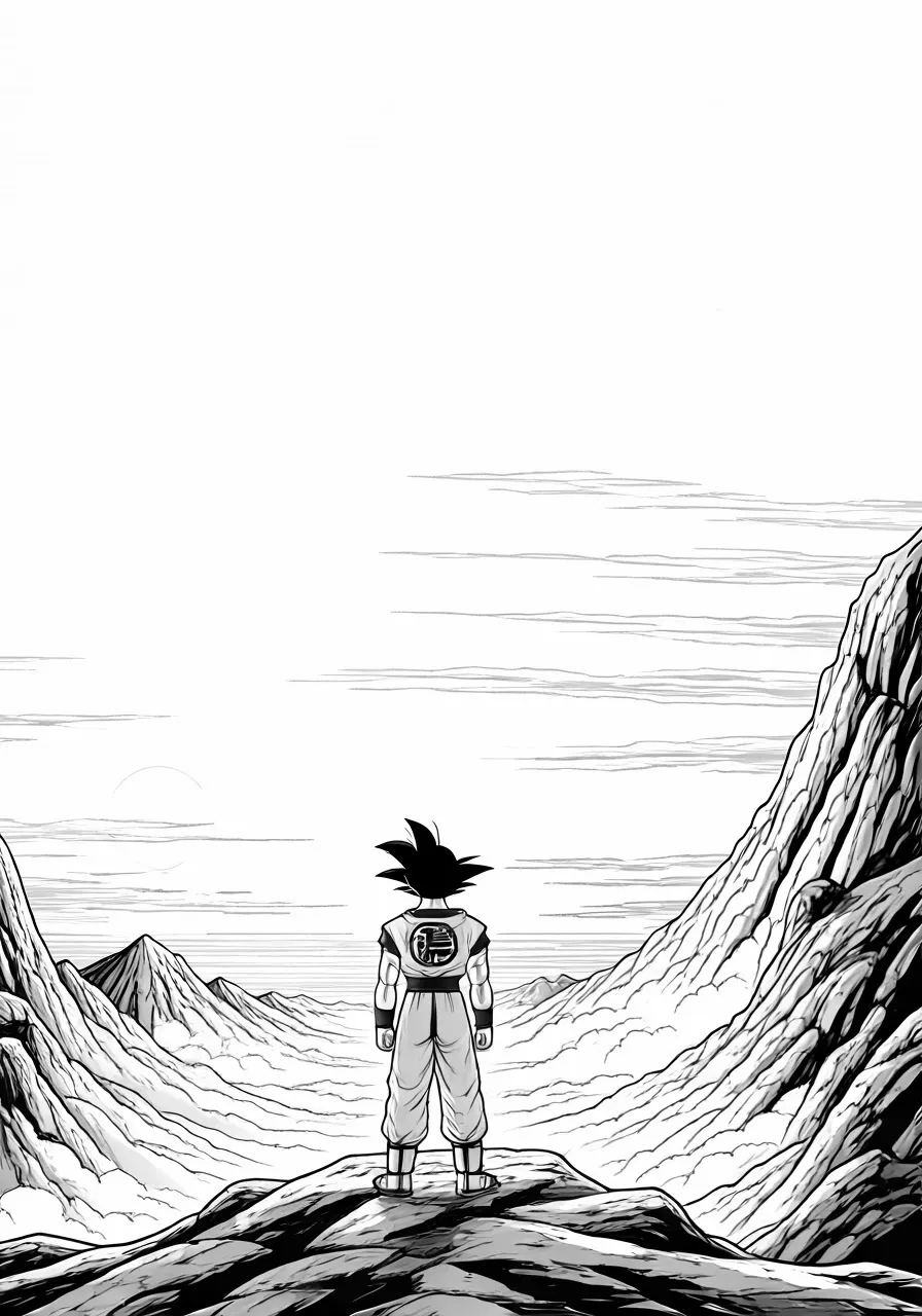 Goku standing on a cliff, looking out at a vast landscape, dragon coloring pages - 2709