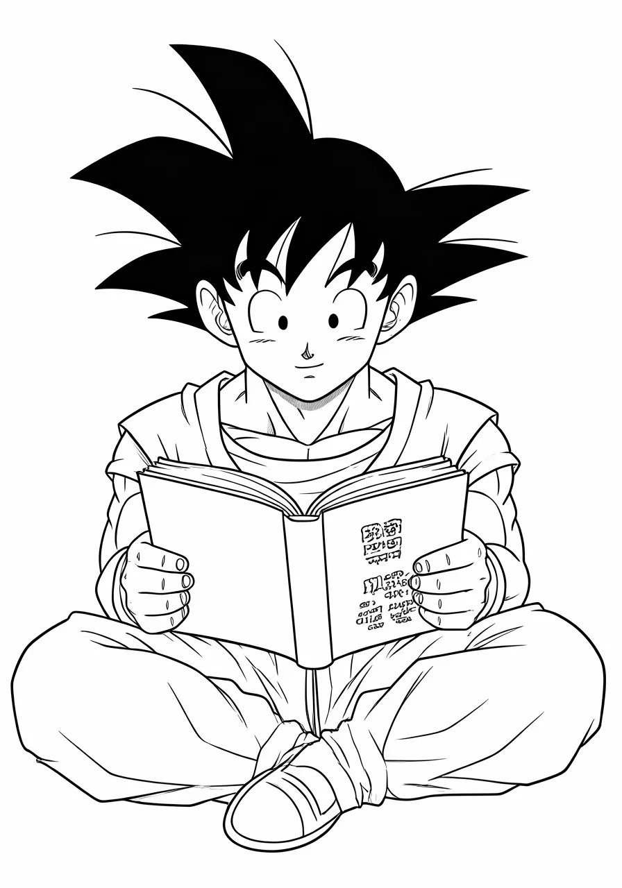 Goku sitting cross-legged, engrossed in reading a book, dragon coloring pages - 2713