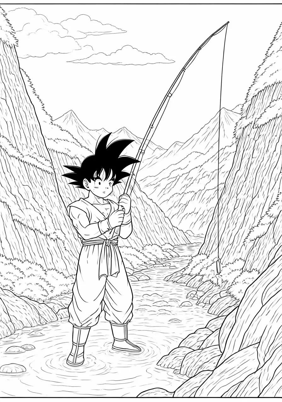 Goku fishing in a river between mountains, dragon coloring pages - 2717