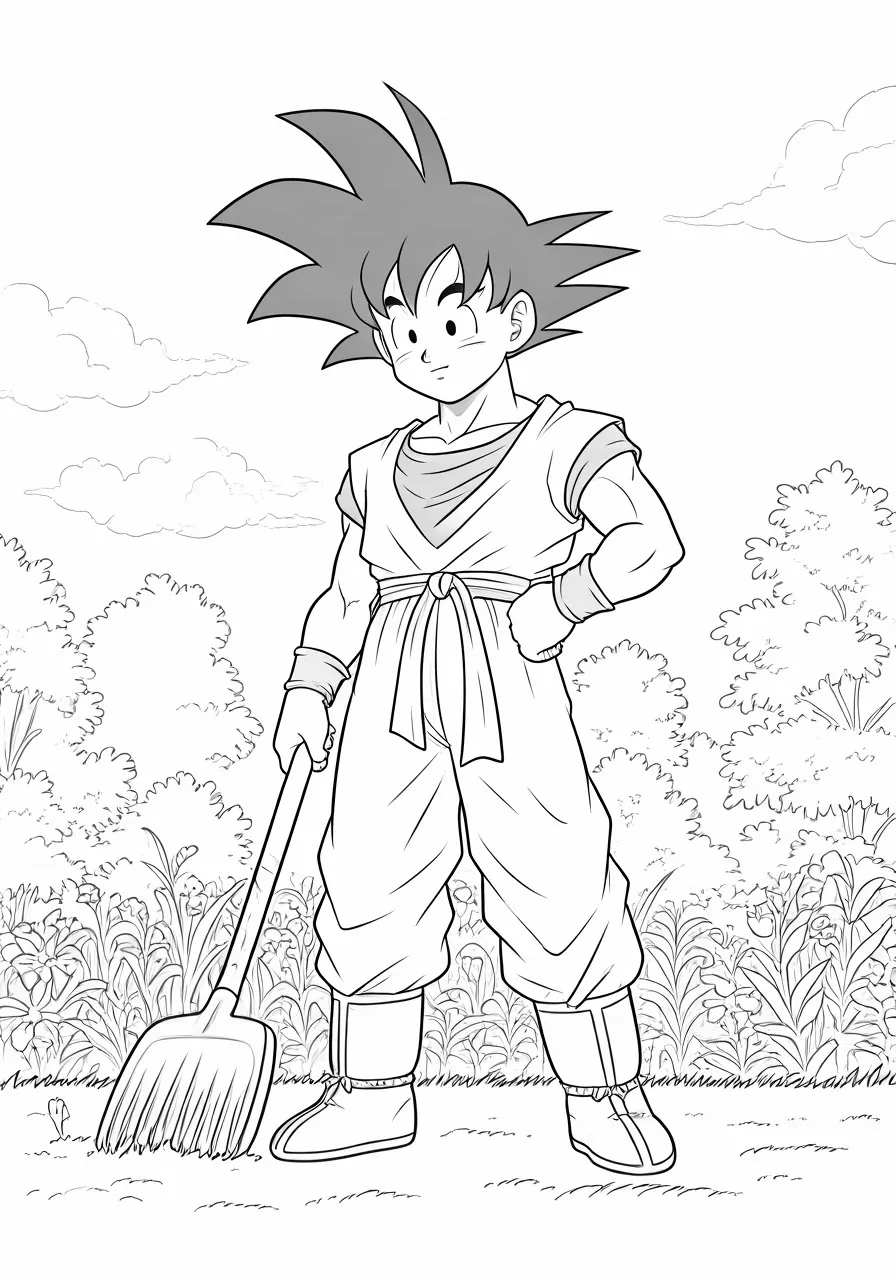 Goku holding a rake in a garden, dragon coloring pages - 2718