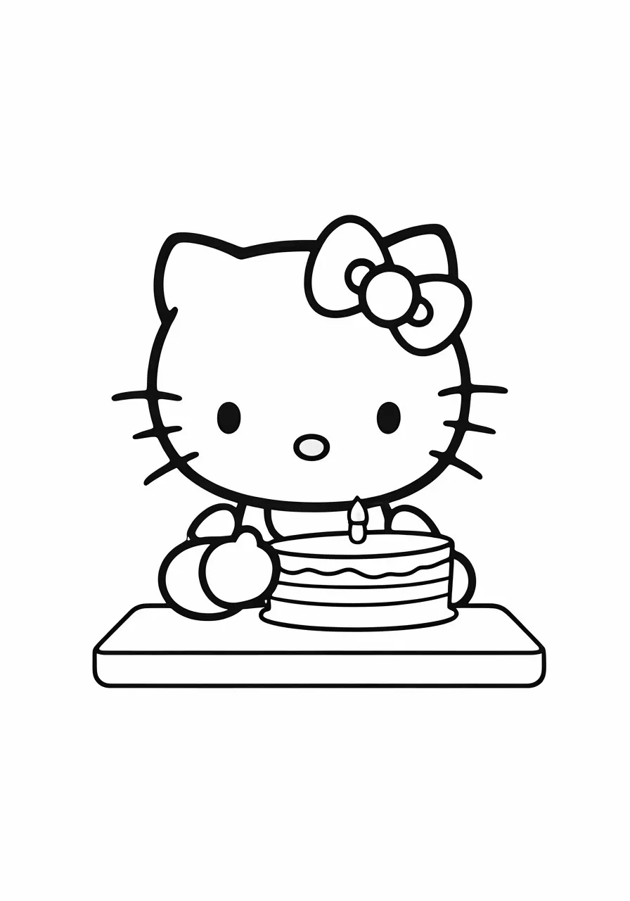 Hello Kitty with a bow sits at a table with a cake and fruit, kitty coloring pages - 2644