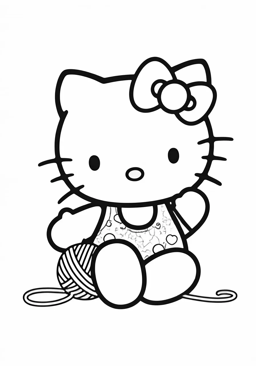 Hello Kitty sitting with a ball of yarn, kitty coloring pages - 2645