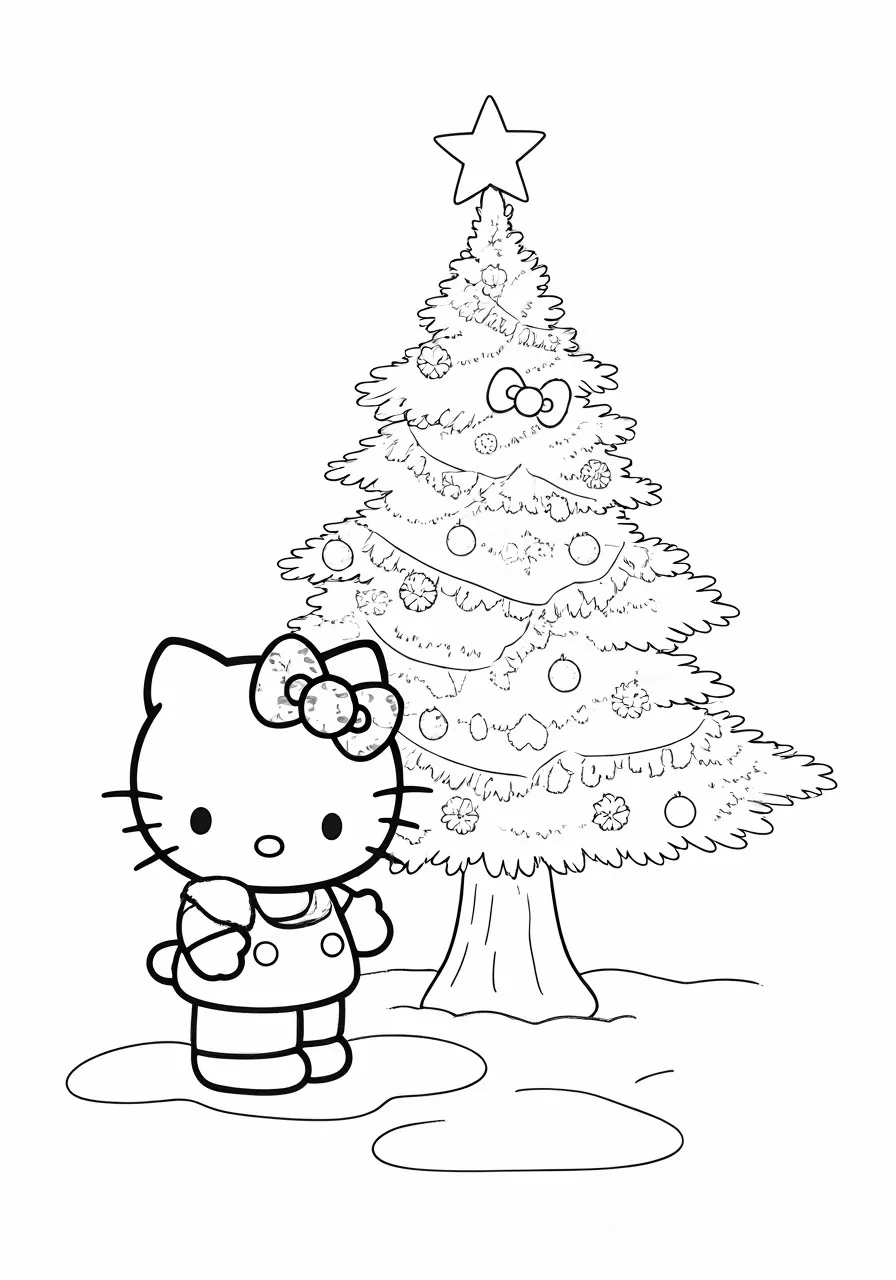 Hello Kitty standing next to a decorated Christmas tree, kitty coloring pages - 2646