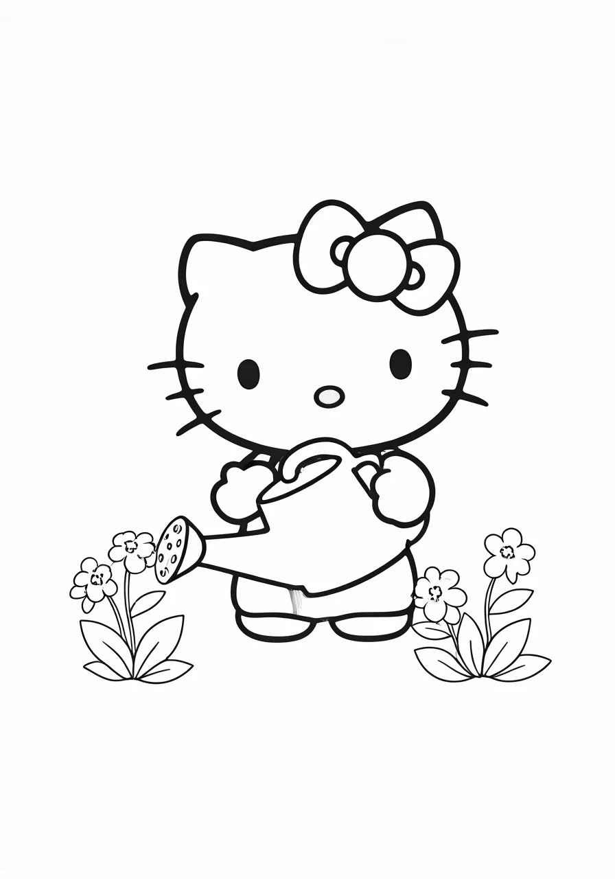 Hello Kitty watering flowers, kitty coloring pages - 2648