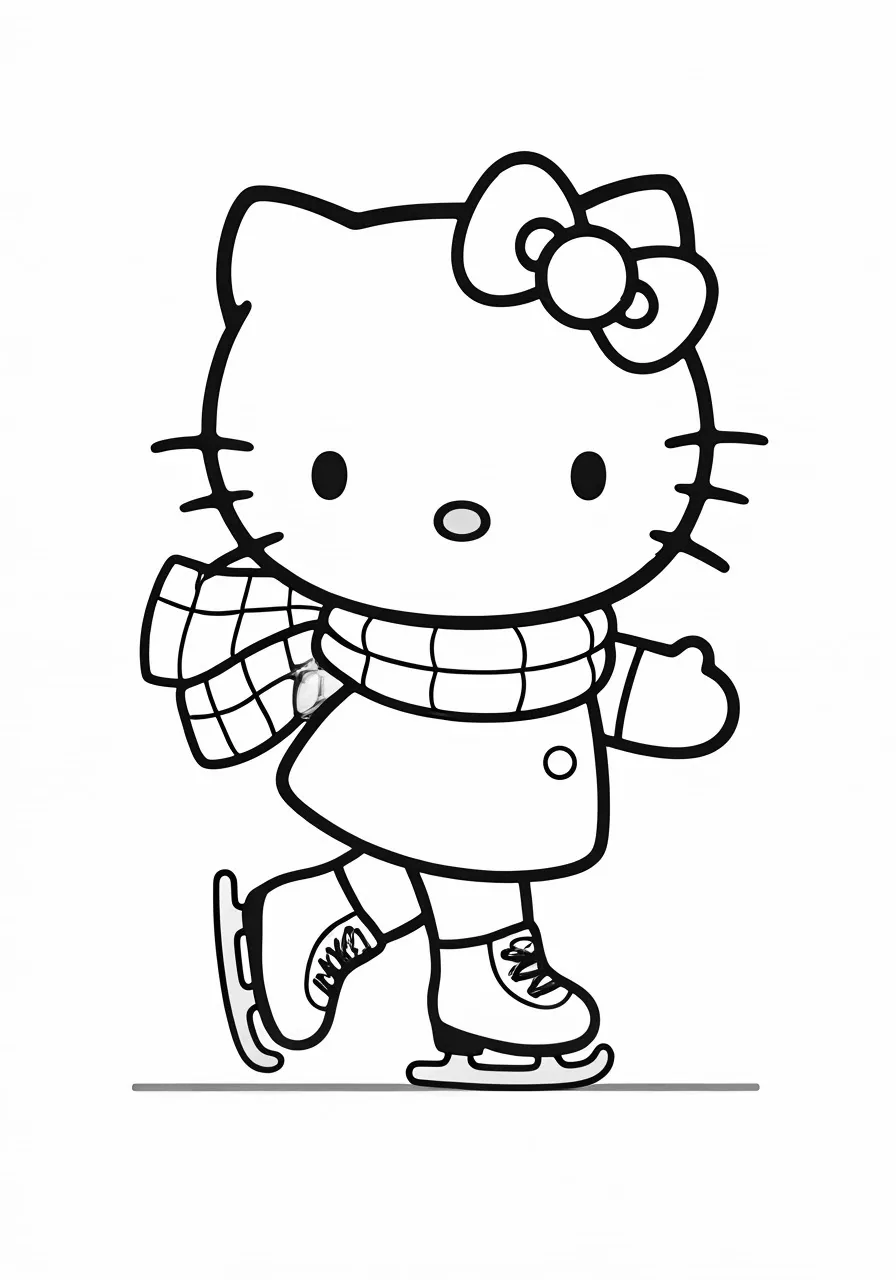 Hello Kitty ice skating with a scarf and bow, kitty coloring pages - 2649