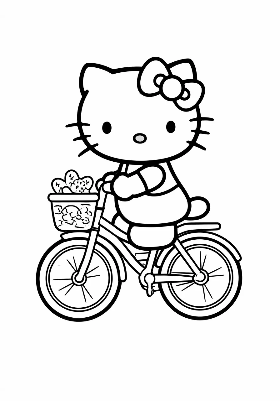 Hello Kitty riding a bicycle with a basket, kitty coloring pages - 2650