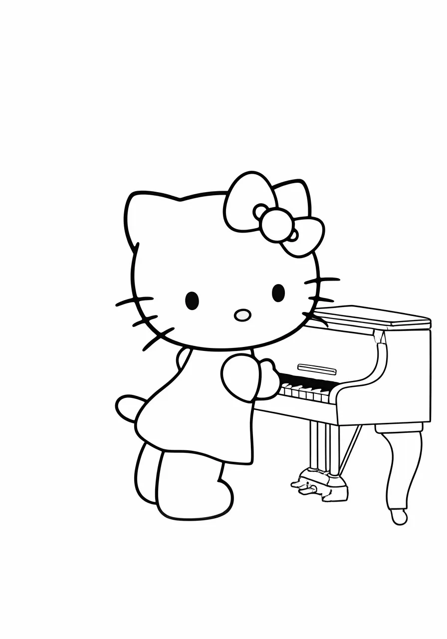 Hello Kitty with her grand piano, kitty coloring pages - 2651