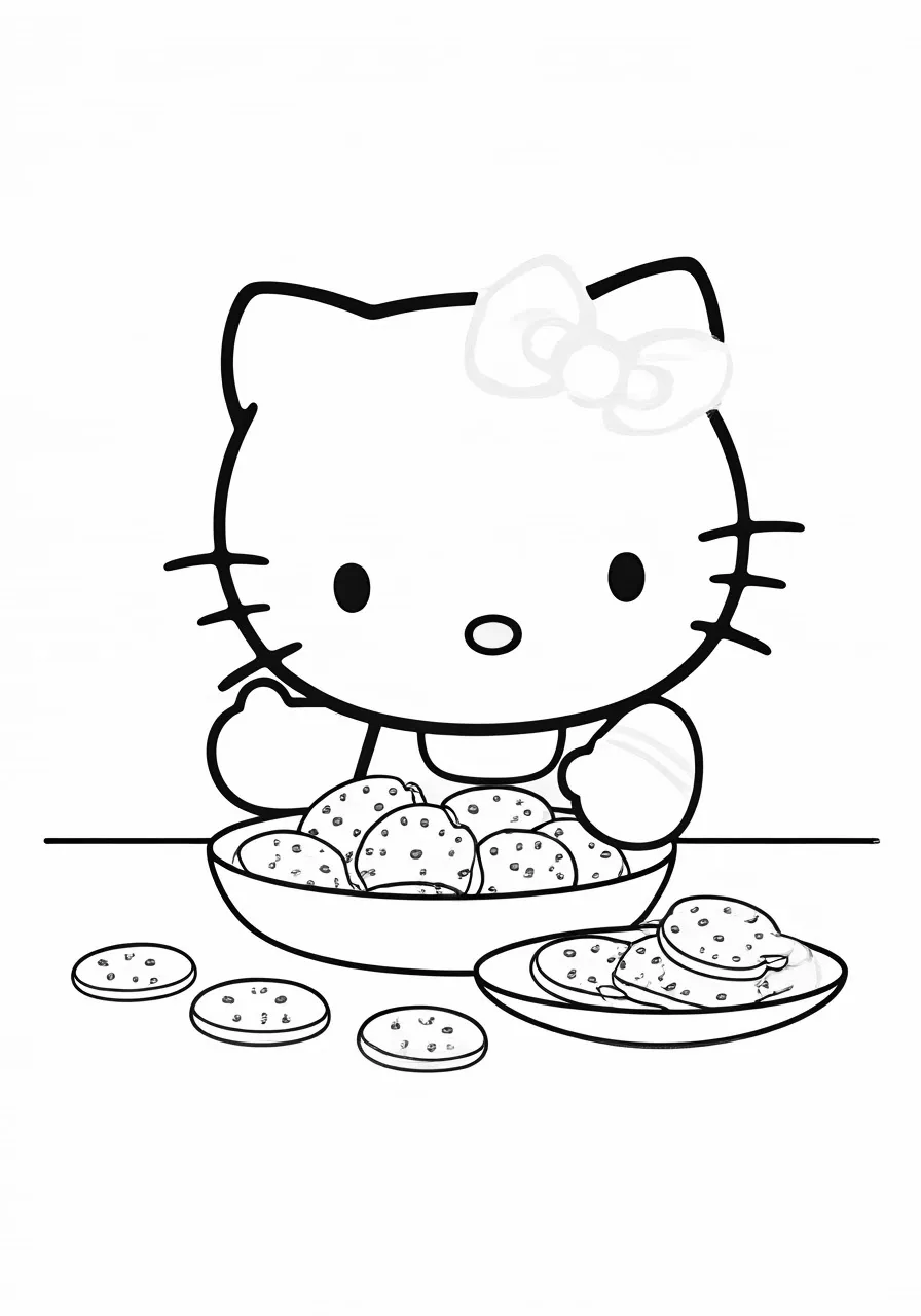 Hello Kitty with a bow eating cookies from a bowl, kitty coloring pages - 2652