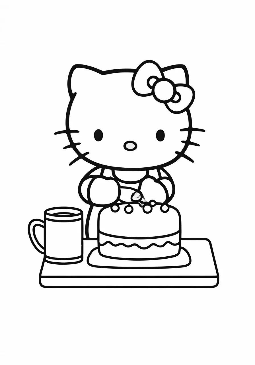 Hello Kitty decorating a cake with a cup beside it, kitty coloring pages - 2663