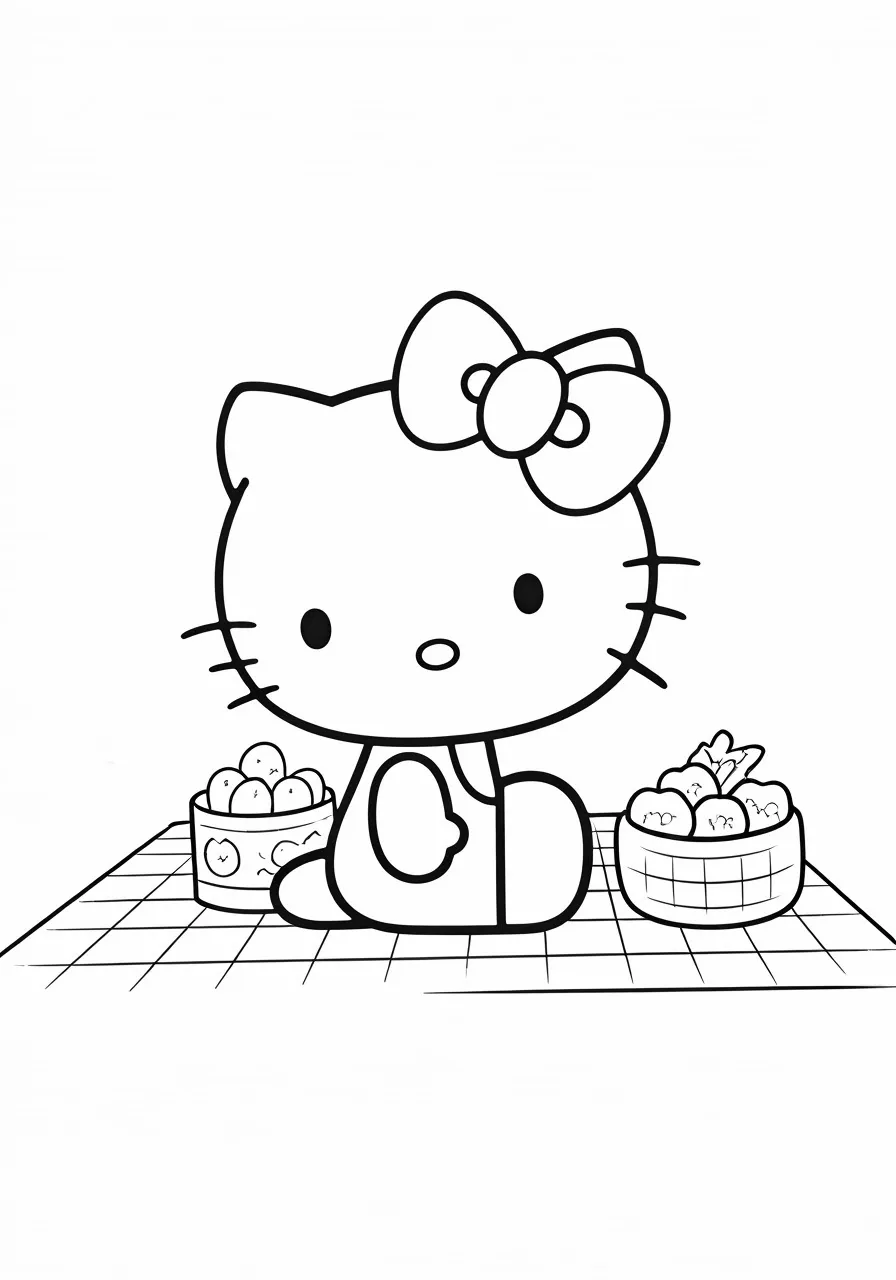 Hello Kitty sitting on a picnic blanket with two baskets of treats, kitty coloring pages - 2665