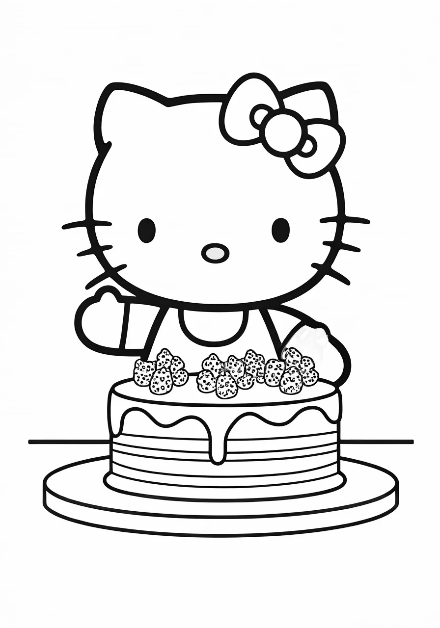 Hello Kitty with a bow on her head beside a cake, kitty coloring pages - 2666