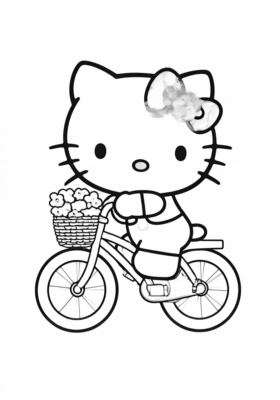 Hello Kitty riding a bicycle with flowers in the basket, kitty coloring pages - 2667