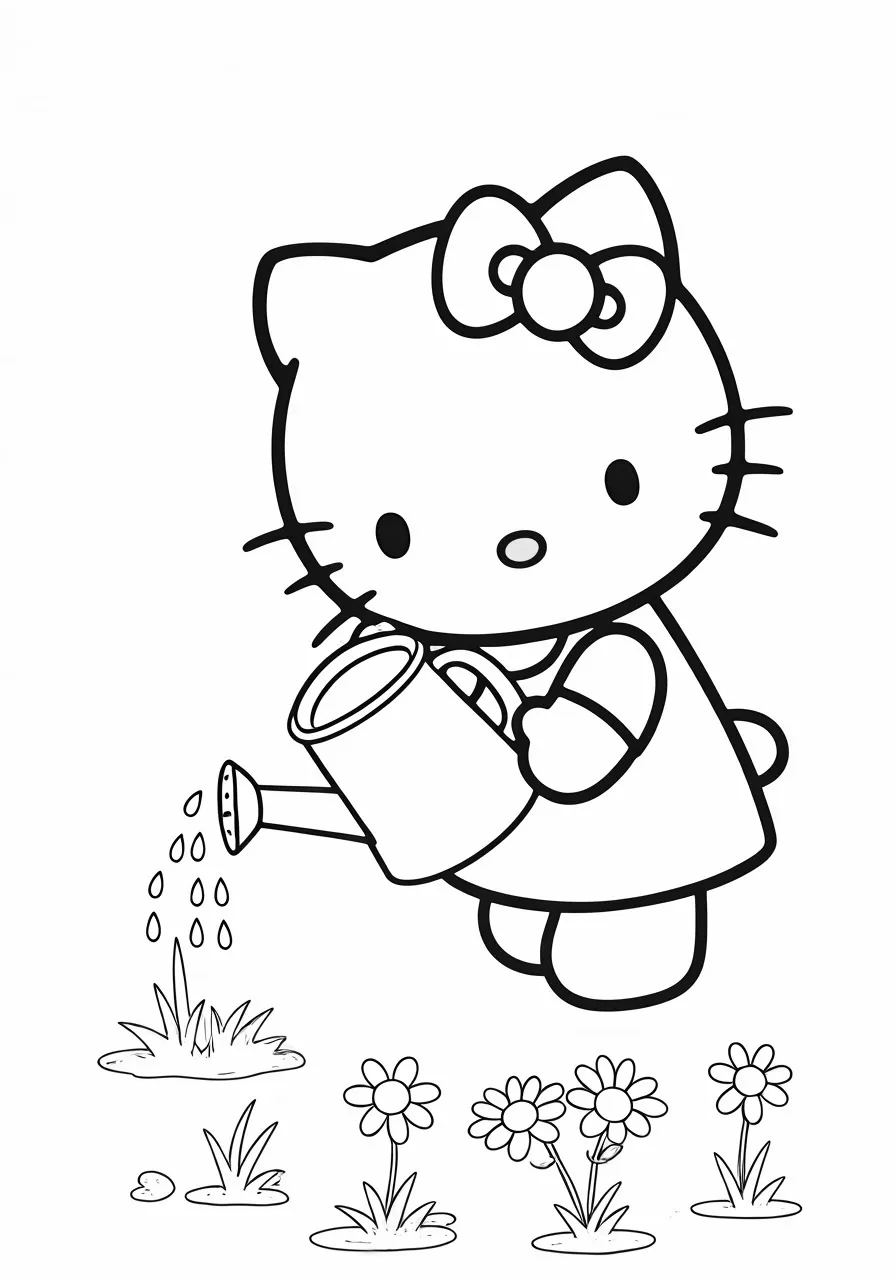 Hello Kitty watering flowers with a watering can, kitty coloring pages - 2668