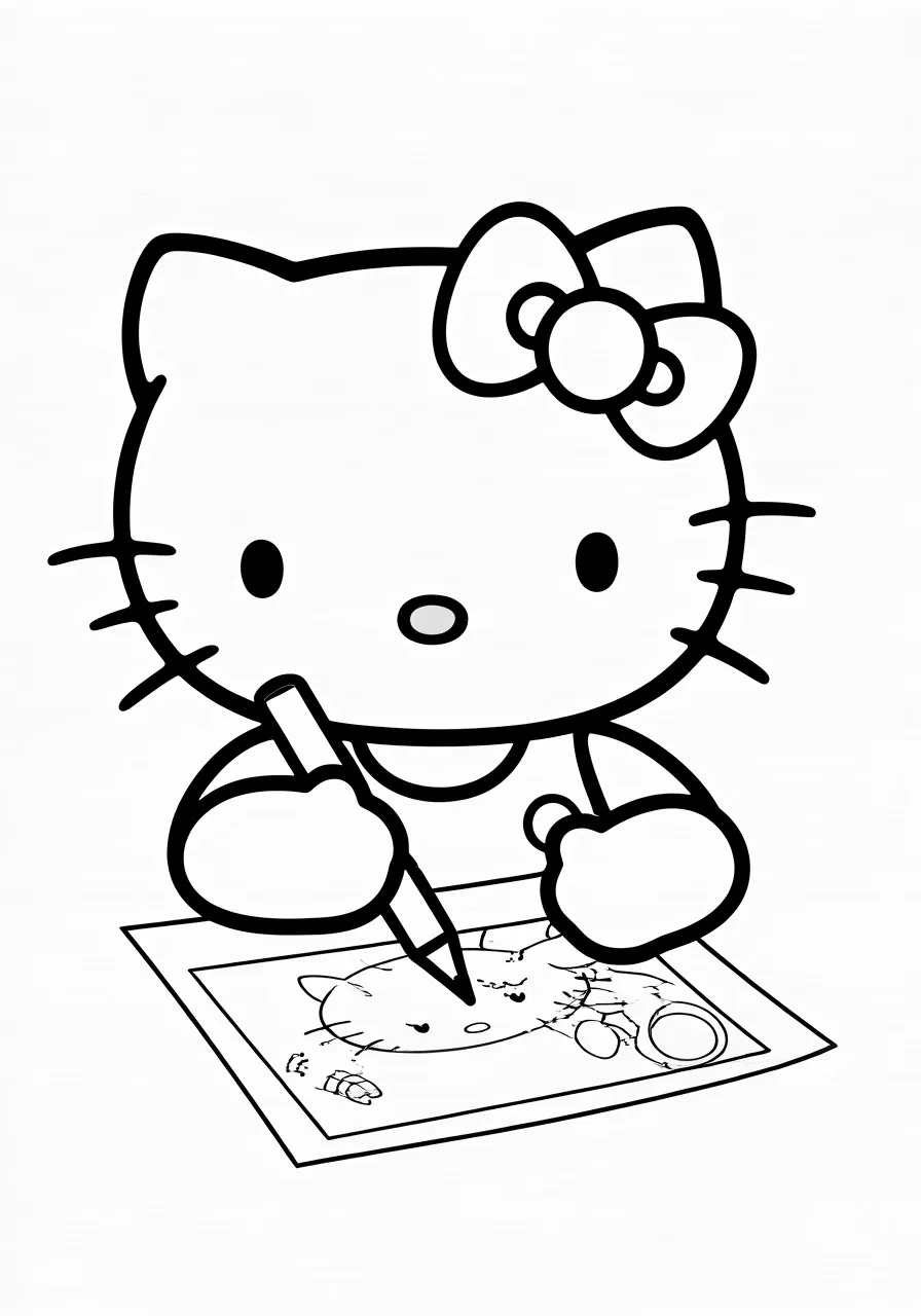 Hello Kitty drawing a self-portrait, kitty coloring pages - 2673