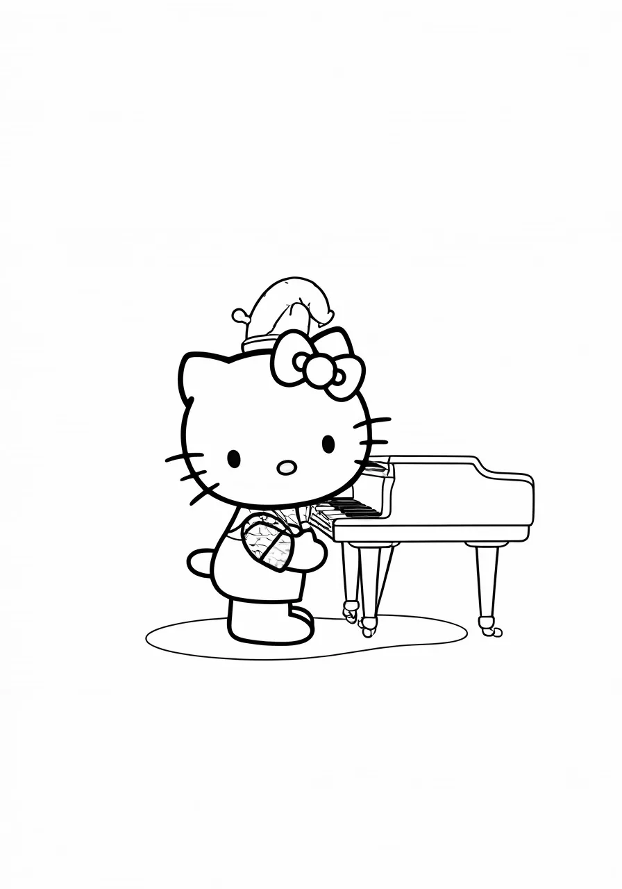 Hello Kitty with a bow, holding a heart, next to a piano, kitty coloring pages - 2675