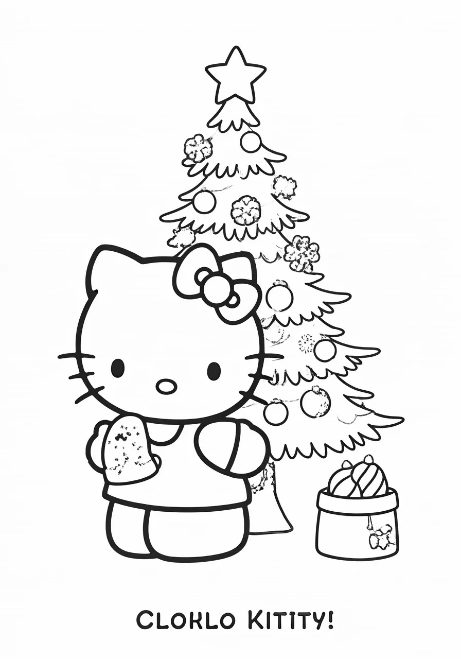 Hello Kitty with Christmas tree and ornaments, kitty coloring pages - 2677