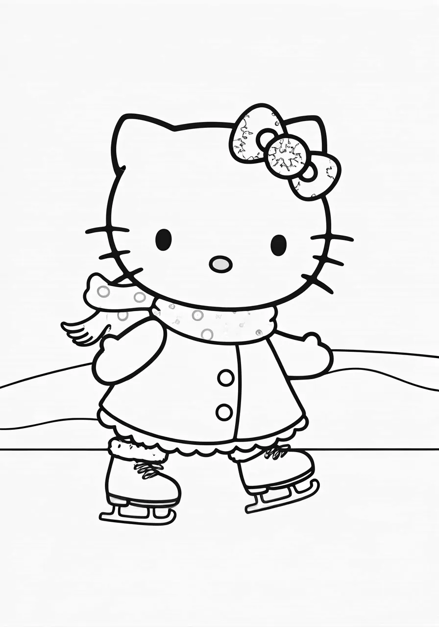 Hello Kitty ice skating, wearing a winter coat, scarf, and ice skates, kitty coloring pages - 2678