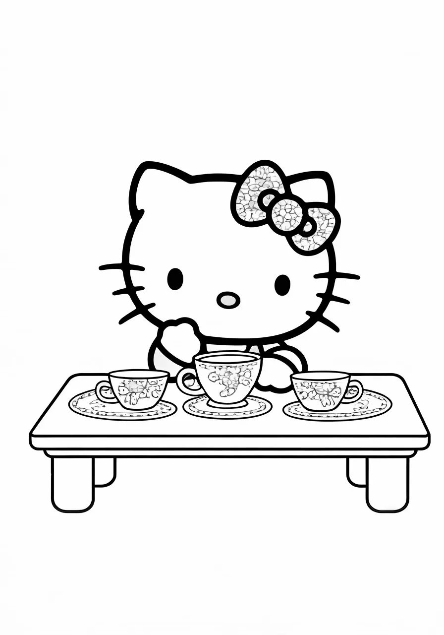 Hello Kitty sitting at a table with three teacups, kitty coloring pages - 2680