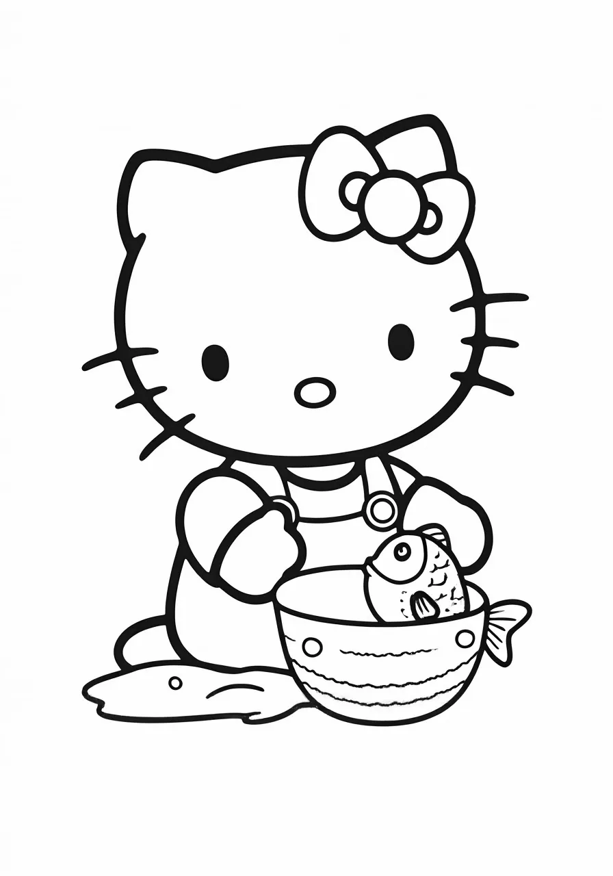 Hello Kitty holding a fish in a bowl, kitty coloring pages - 2686