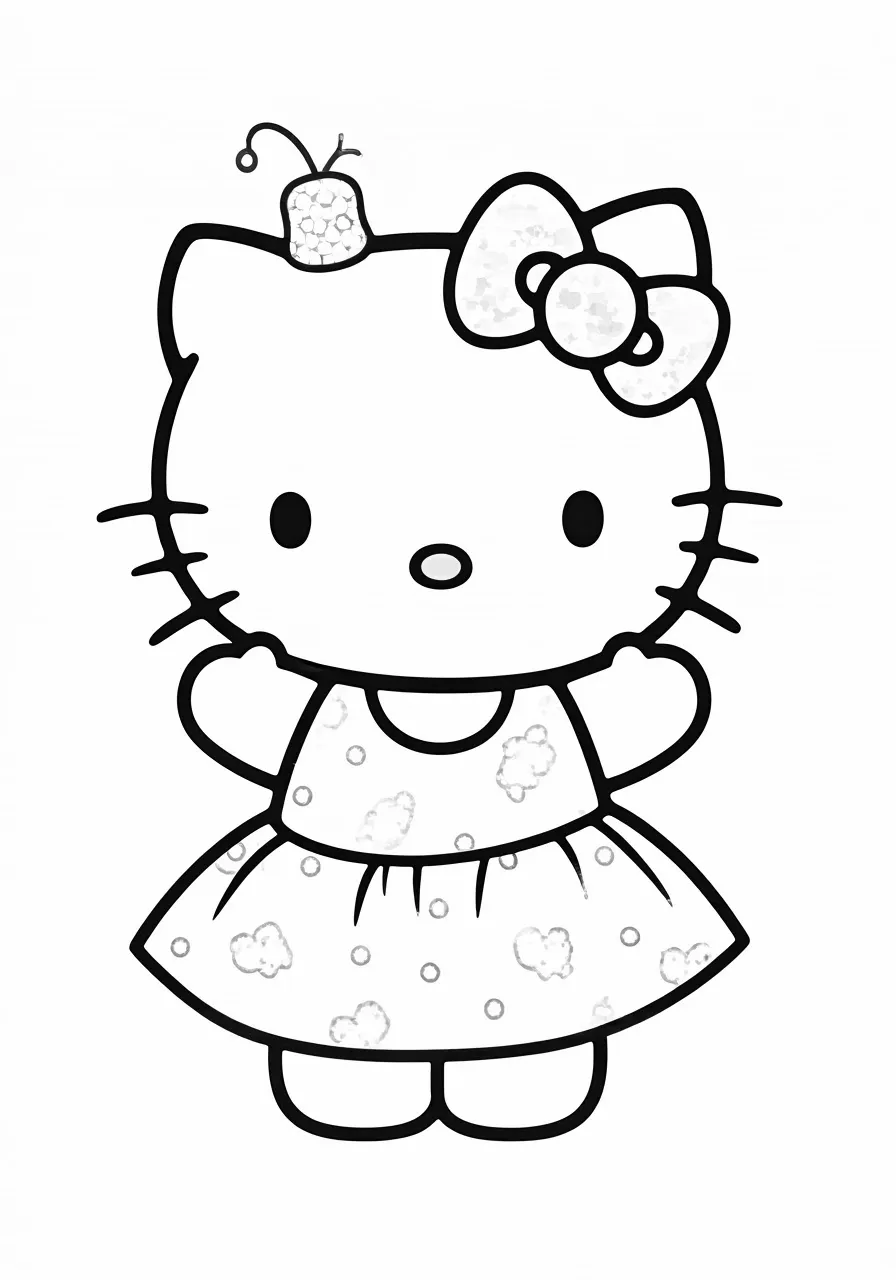 Hello Kitty with a bow on her head and wearing a dress, kitty coloring pages - 2687