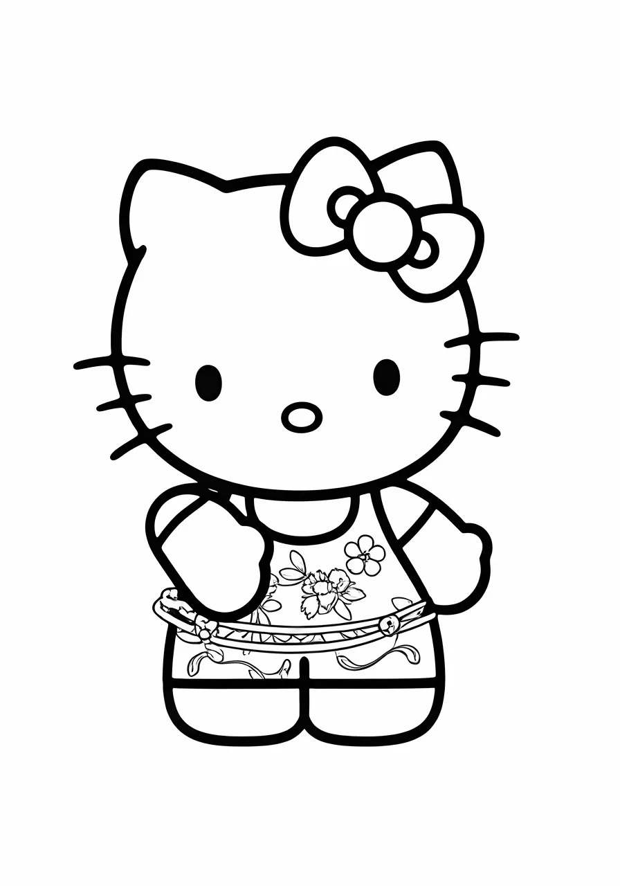 Hello Kitty with a bow wearing a floral top and shorts, kitty coloring pages - 2689