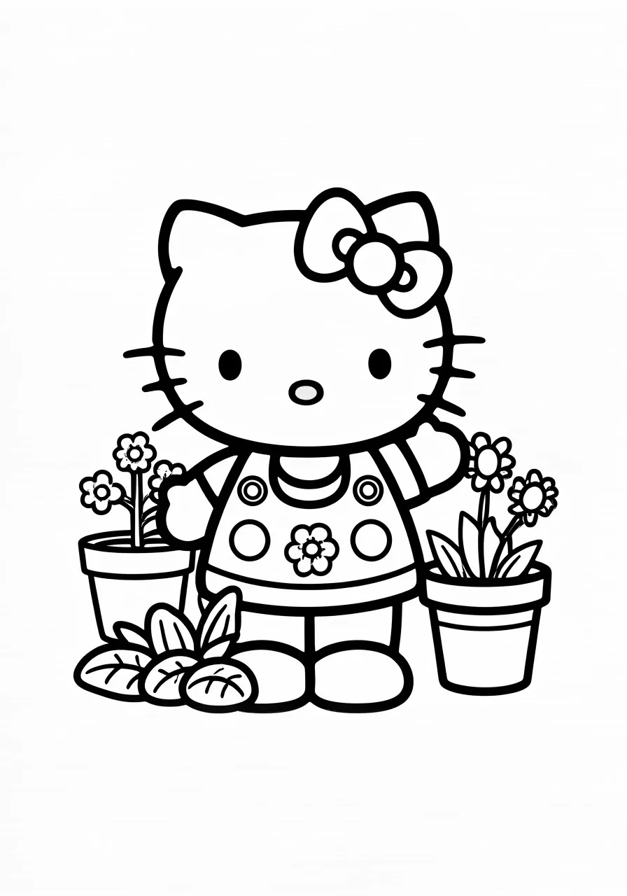 Hello Kitty with potted plants and leaves, kitty coloring pages - 2691