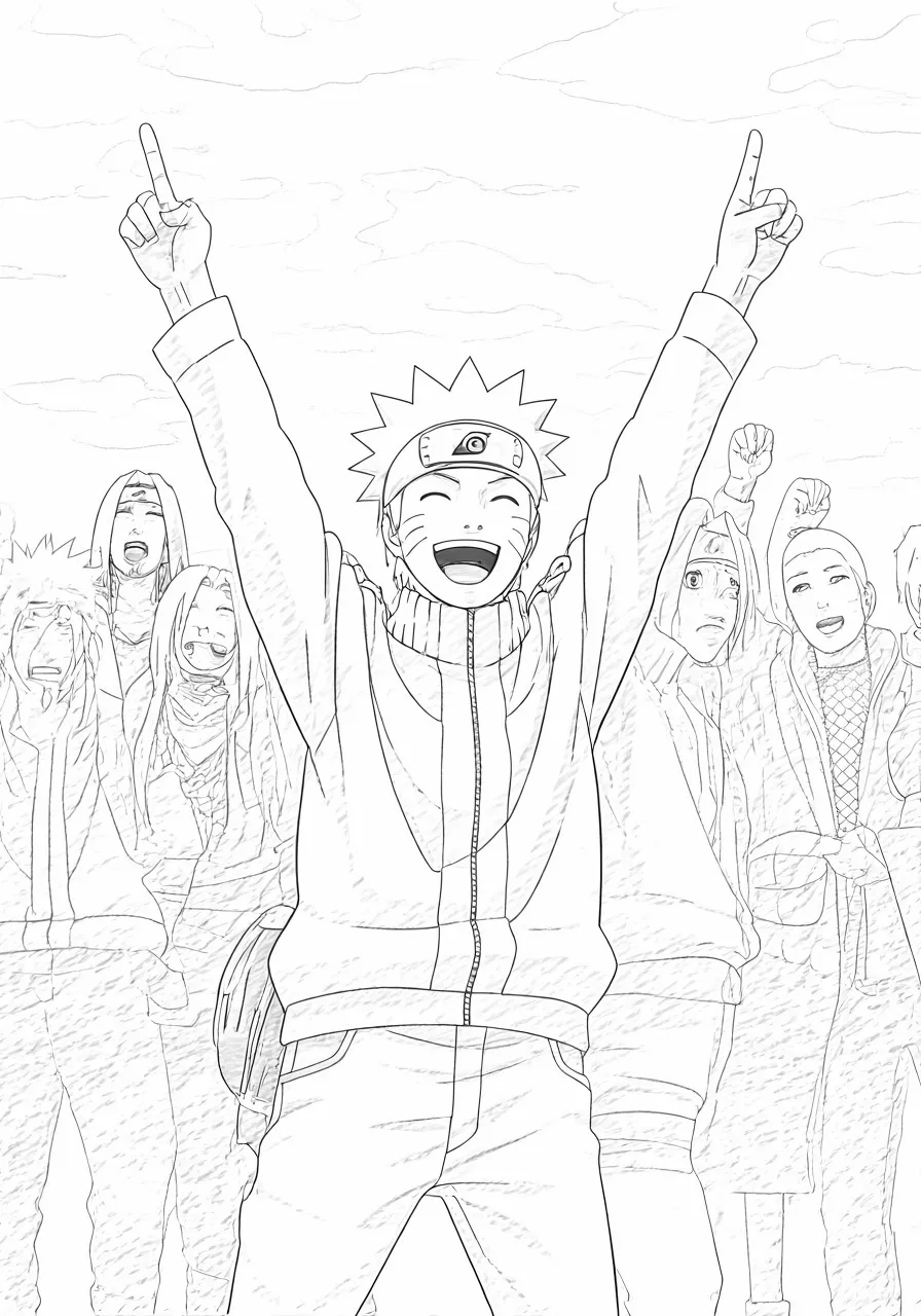 Naruto with his friends from Konoha cheering with their hands up, naruto coloring pages - 2754