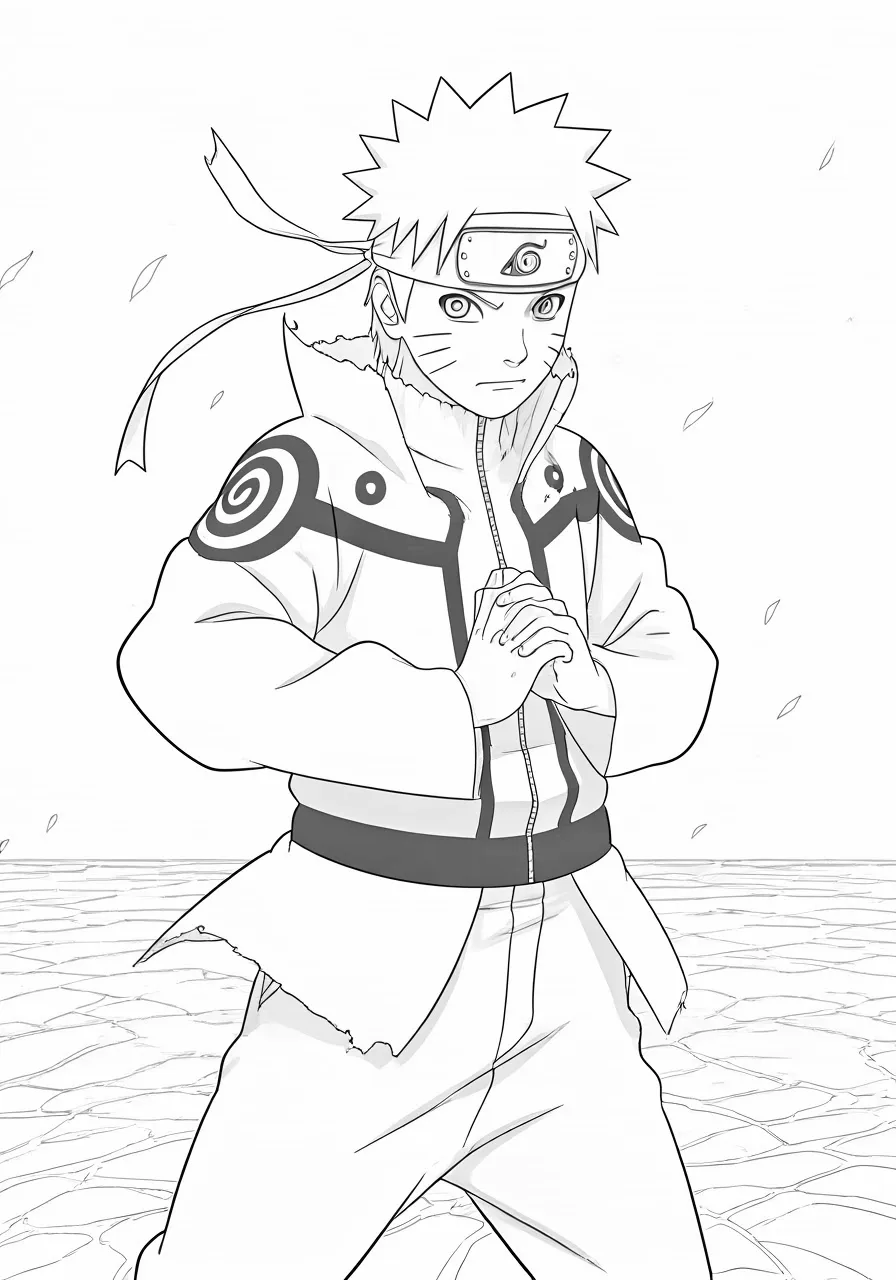 Naruto Uzumaki in his classic attire stands with hands clasped, naruto coloring pages - 2755