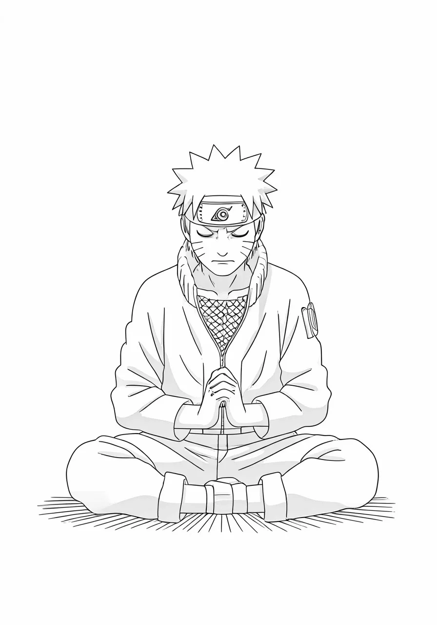 Naruto Uzumaki meditating in a cross-legged position with his hands together, naruto coloring pages - 2757